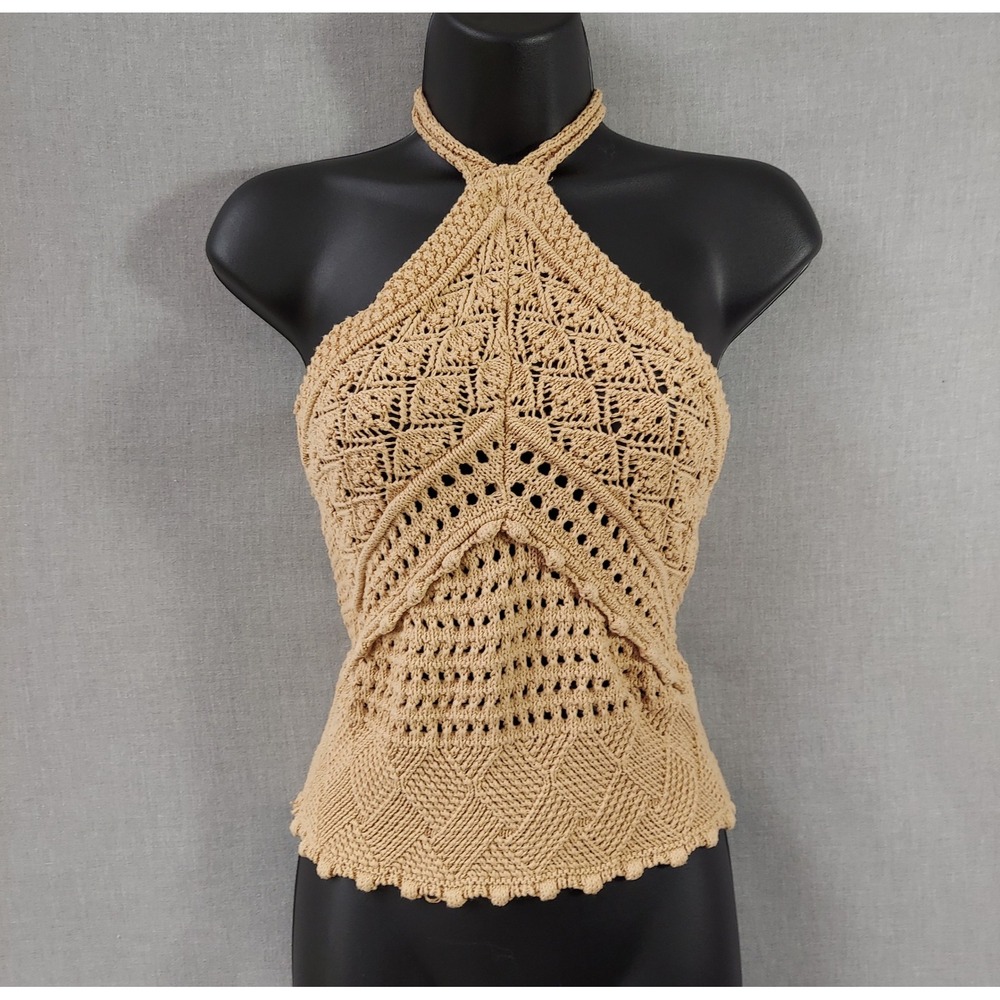 Zara Boho Crochet Halter‎ Top S Y2K Beige Open Knit Festival Hippie Tie Beach